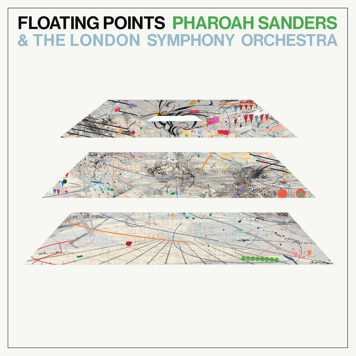 Promises — album artwork: three floating fragments of a Julie Mehretu painting on cream